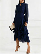 Elegant Pleated Midi Dress For Women - Layered Ruffle Chiffon Gown - Spring Wedding Guest Outfit 2026