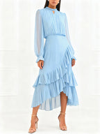 Elegant Pleated Midi Dress For Women - Layered Ruffle Chiffon Gown - Spring Wedding Guest Outfit 2026