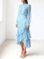 Elegant Pleated Midi Dress For Women - Layered Ruffle Chiffon Gown - Spring Wedding Guest Outfit 2026