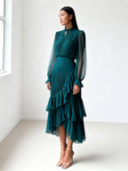 Elegant Pleated Midi Dress For Women - Layered Ruffle Chiffon Gown - Spring Wedding Guest Outfit 2026