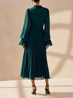 Elegant Pleated Midi Dress For Women - Layered Ruffle Chiffon Gown - Spring Wedding Guest Outfit 2026