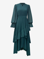 Elegant Pleated Midi Dress For Women - Layered Ruffle Chiffon Gown - Spring Wedding Guest Outfit 2026