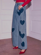 Heart Pattern Wide Leg Jeans For Women - Medium Blue Cute Boho Straight Denim Pants - Spring Date Night Streetwear 2026