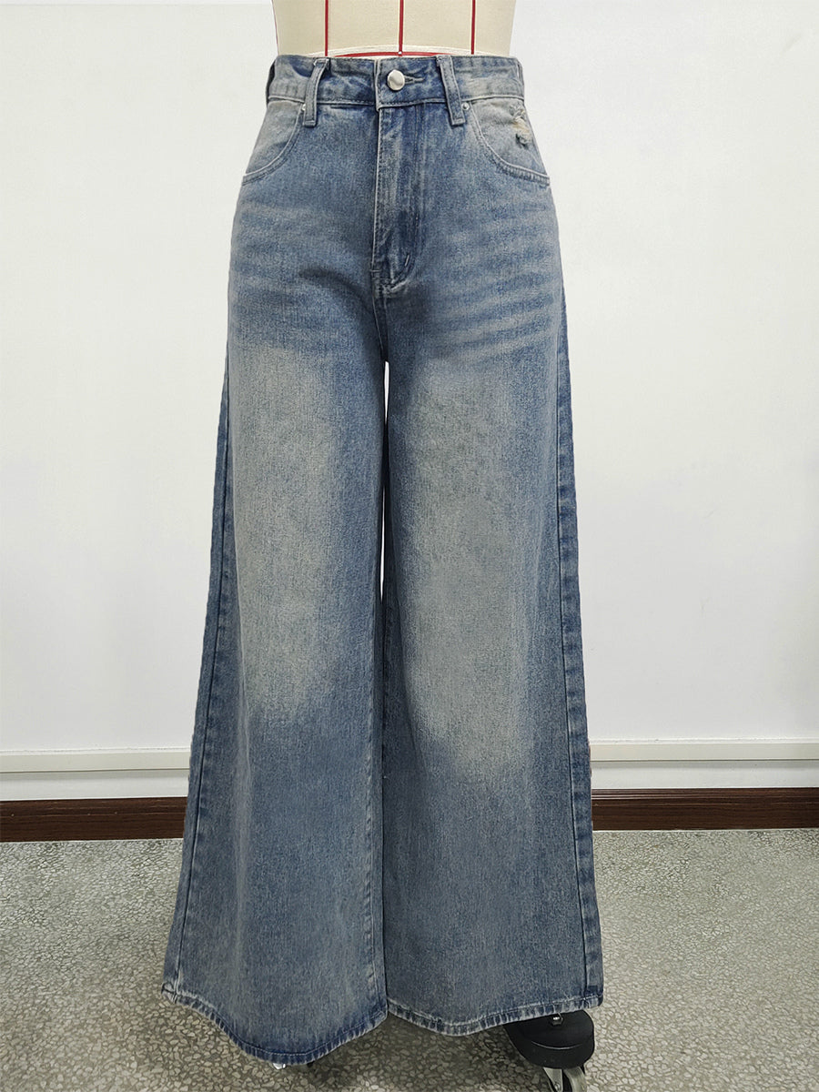 High Rise Baggy Skater Jeans For Women - Distressed Wide Leg Puddle Pants - Spring Daily Streetwear 2026