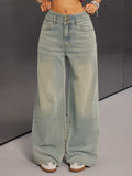 High Rise Baggy Jeans For Women - Light Blue Dirty Effect Wide Leg Washed Denim Pants - Spring Music Festival 2026