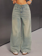 High Rise Baggy Jeans For Women - Light Blue Dirty Effect Wide Leg Washed Denim Pants - Spring Music Festival 2026