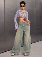 High Rise Baggy Jeans For Women - Light Blue Dirty Effect Wide Leg Washed Denim Pants - Spring Music Festival 2026
