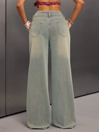 High Rise Baggy Jeans For Women - Light Blue Dirty Effect Wide Leg Washed Denim Pants - Spring Music Festival 2026