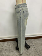High Rise Baggy Jeans For Women - Light Blue Dirty Effect Wide Leg Washed Denim Pants - Spring Music Festival 2026