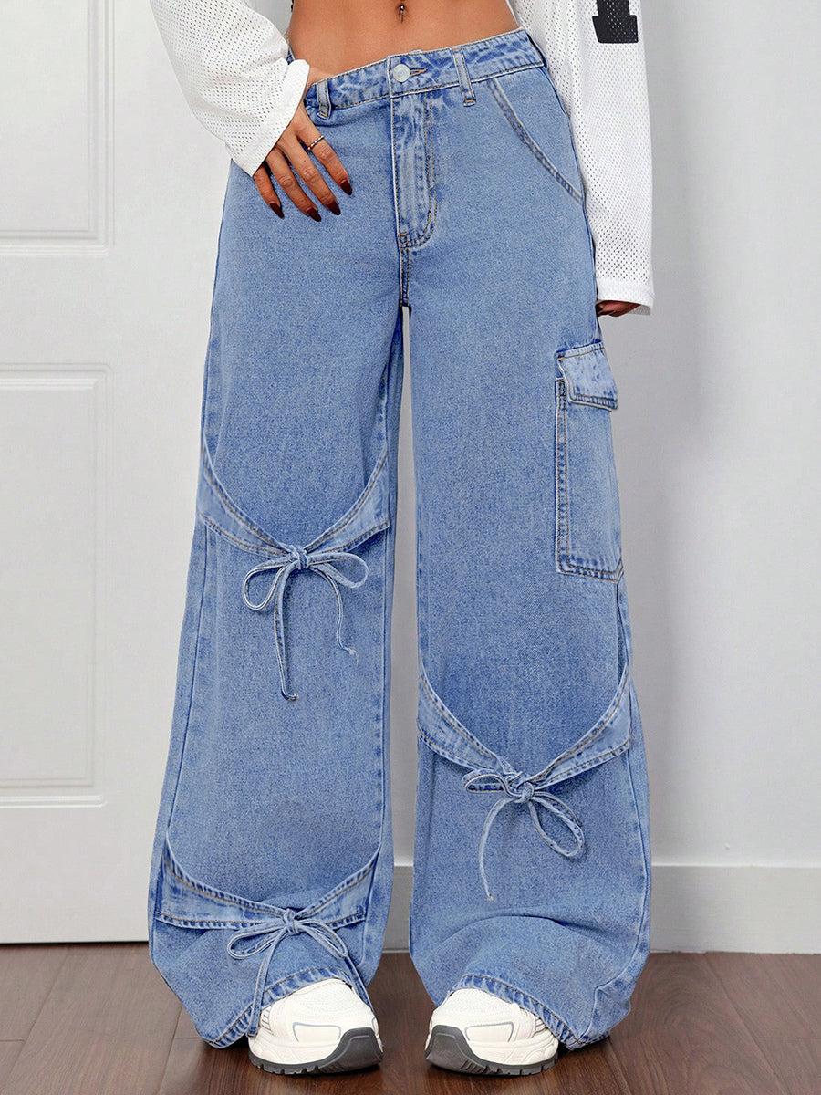 Wide Leg Cargo Jeans For Women - Y2K Retro Bow Tie Strappy Loose Washed Denim Pants - Spring Music Festival Streetwear 2026