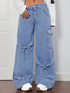 Wide Leg Cargo Jeans For Women - Y2K Retro Bow Tie Strappy Loose Washed Denim Pants - Spring Music Festival Streetwear 2026