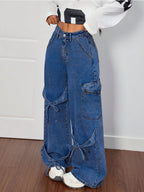 Wide Leg Cargo Jeans For Women - Y2K Retro Bow Tie Strappy Loose Washed Denim Pants - Spring Music Festival Streetwear 2026