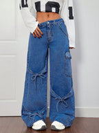 Wide Leg Cargo Jeans For Women - Y2K Retro Bow Tie Strappy Loose Washed Denim Pants - Spring Music Festival Streetwear 2026