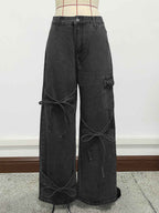 Wide Leg Cargo Jeans For Women - Y2K Retro Bow Tie Strappy Loose Washed Denim Pants - Spring Music Festival Streetwear 2026