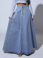High Waisted Paneled Denim Maxi Skirt For Women - Blue Boho A-Line Flared Long Skirt With Buttons - Spring Casual Streetwear 2026