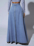 High Waisted Paneled Denim Maxi Skirt For Women - Blue Boho A-Line Flared Long Skirt With Buttons - Spring Casual Streetwear 2026