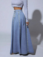 High Waisted Paneled Denim Maxi Skirt For Women - Blue Boho A-Line Flared Long Skirt With Buttons - Spring Casual Streetwear 2026