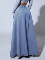 High Waisted Paneled Denim Maxi Skirt For Women - Blue Boho A-Line Flared Long Skirt With Buttons - Spring Casual Streetwear 2026