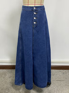 High Waisted Paneled Denim Maxi Skirt For Women - Blue Boho A-Line Flared Long Skirt With Buttons - Spring Casual Streetwear 2026