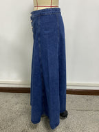 High Waisted Paneled Denim Maxi Skirt For Women - Blue Boho A-Line Flared Long Skirt With Buttons - Spring Casual Streetwear 2026