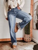 Cuffed Wide Leg Jeans For Women - Blue Western Boho Seam Front High Waist Straight Denim - Spring Casual Cowgirl Streetwear 2026