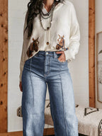 Cuffed Wide Leg Jeans For Women - Blue Western Boho Seam Front High Waist Straight Denim - Spring Casual Cowgirl Streetwear 2026