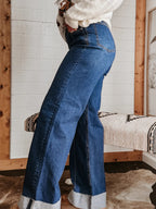Cuffed Wide Leg Jeans For Women - Blue Western Boho Seam Front High Waist Straight Denim - Spring Casual Cowgirl Streetwear 2026