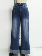 Cuffed Wide Leg Jeans For Women - Blue Western Boho Seam Front High Waist Straight Denim - Spring Casual Cowgirl Streetwear 2026