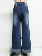 Cuffed Wide Leg Jeans For Women - Blue Western Boho Seam Front High Waist Straight Denim - Spring Casual Cowgirl Streetwear 2026