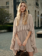 Chiffon Cape Mini Slip Dress For Women - Elegant Ruffle Tiered 2 Piece Set - Spring Wedding Guest Party Cocktail 2026