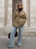 Pure Cotton Utility Jacket For Women - French Chic Drawstring Slim Fit Windbreaker - Spring Casual Outerwear 2026