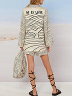 Satin Print Pajama Set For Women - Coastal Graphic V-Neck Long Sleeve Shirt And Shorts - Summer Cruise Party 2026