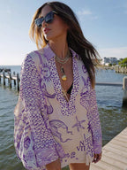 Satin Print Pajama Set For Women - Coastal Graphic V-Neck Long Sleeve Shirt And Shorts - Summer Cruise Party 2026