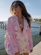 Satin Print Pajama Set For Women - Coastal Graphic V-Neck Long Sleeve Shirt And Shorts - Summer Cruise Party 2026