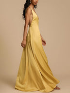 Deep V Neck Backless Satin Maxi Dress For Women - Yellow Boho Wood Beaded Evening Gown - Summer Beach Wedding Guest 2026