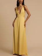 Deep V Neck Backless Satin Maxi Dress For Women - Yellow Boho Wood Beaded Evening Gown - Summer Beach Wedding Guest 2026