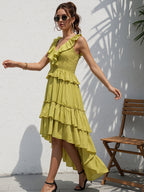 Boho Ruffle High-Low Sundress For Women - Smocked V-Neck Sleeveless Tiered Flowy Midi Dress - Summer Beach Vacation 2026
