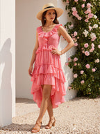 Boho Ruffle High-Low Sundress For Women - Smocked V-Neck Sleeveless Tiered Flowy Midi Dress - Summer Beach Vacation 2026