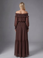Boho Off-Shoulder Maxi Dress For Women - Brown Smocked Waist Ruffle Chiffon Tiered Long Sleeve Gown - Beach Date Night 2026