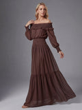Boho Off-Shoulder Maxi Dress For Women - Brown Smocked Waist Ruffle Chiffon Tiered Long Sleeve Gown - Beach Date Night 2026