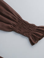 Boho Off-Shoulder Maxi Dress For Women - Brown Smocked Waist Ruffle Chiffon Tiered Long Sleeve Gown - Beach Date Night 2026