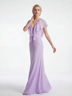 Elegant Ruffle V-Neck Chiffon Maxi Dress For Women - Lavender Boho Backless Flowy A-Line Sun Dress - Summer Beach Wedding Guest 2026