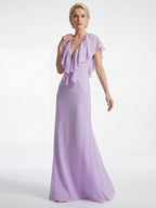 Elegant Ruffle V-Neck Chiffon Maxi Dress For Women - Lavender Boho Backless Flowy A-Line Sun Dress - Summer Beach Wedding Guest 2026