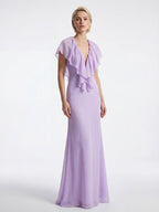 Elegant Ruffle V-Neck Chiffon Maxi Dress For Women - Lavender Boho Backless Flowy A-Line Sun Dress - Summer Beach Wedding Guest 2026