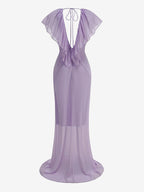 Elegant Ruffle V-Neck Chiffon Maxi Dress For Women - Lavender Boho Backless Flowy A-Line Sun Dress - Summer Beach Wedding Guest 2026
