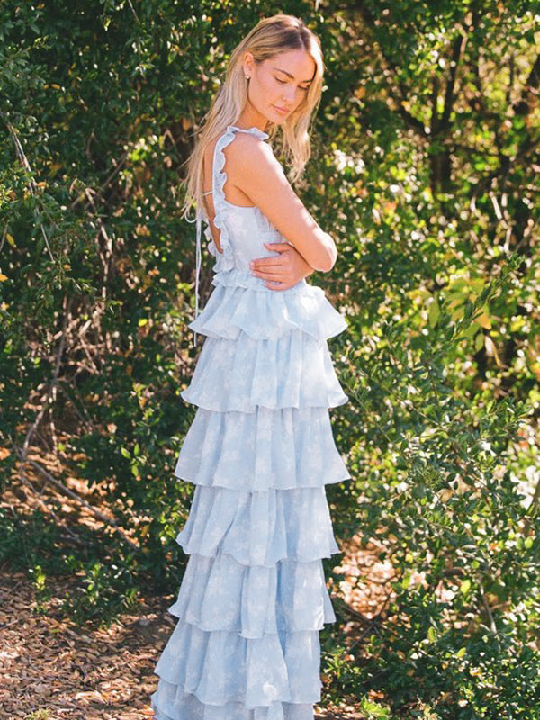 Light Blue Floral Ruffle Maxi Dress For Women - Cottagecore Backless Tiered Long Sundress - Summer Garden Party 2026