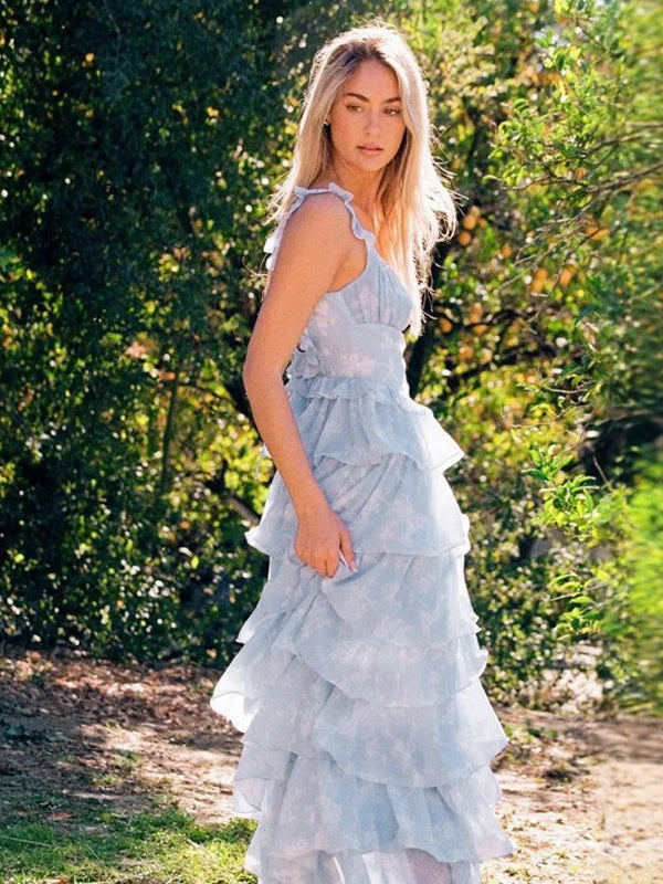 Light Blue Floral Ruffle Maxi Dress For Women - Cottagecore Backless Tiered Long Sundress - Summer Garden Party 2026