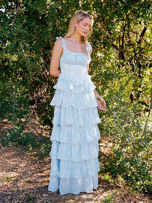 Light Blue Floral Ruffle Maxi Dress For Women - Cottagecore Backless Tiered Long Sundress - Summer Garden Party 2026