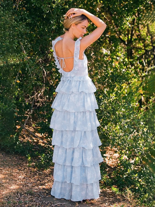Light Blue Floral Ruffle Maxi Dress For Women - Cottagecore Backless Tiered Long Sundress - Summer Garden Party 2026