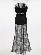 Sexy Faux Fur Lace Maxi Dress For Women - Black Strapless Corset Bodysuit Long Gown With Sheer Skirt - Summer Evening Party 2026